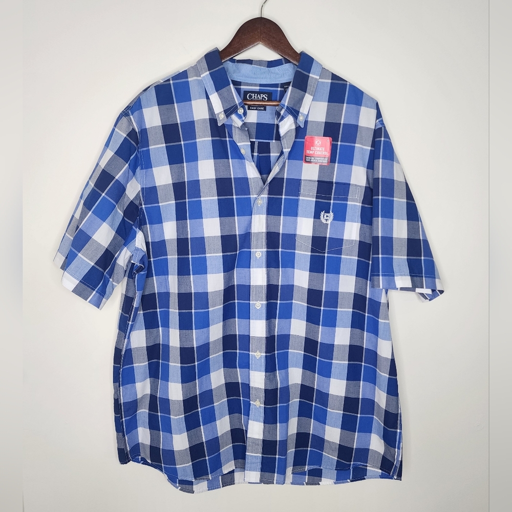 Mens Chaps Easy Care Blue Plaid Collared Button Up Shirt Size XXL